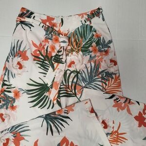 HYDVE Women’s Cream Tropical-Print, Front Pockets & Waist Tie Dressy Pants Large